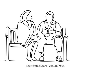 Romantic elderly couple in continuous line art drawing style