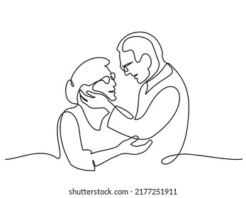 Romantic elderly couple. Old grandfather and grandmother. Continuous one line drawing. Vector illustration hand drawn.