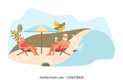 Romantic elderly couple at picnic. Elderly smiling man and woman are talking on the beach. Cute funny people have relax. Flat Art Vector Illustration