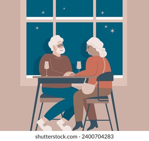 Romantic elderly couple sitting by the window in a cozy cafe. Smiling mature man and woman drinking wine together. Family talking spending time at cafeteria. Valentine day. Flat vector illustration