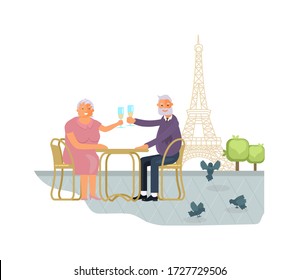 Romantic elderly couple are sitting on street cafe in Paris and drinking a wine near Eiffel Tower. Cute cartoon characters active old people have romantic meeting. Flat Art Vector Illustration