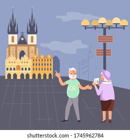Una pareja de ancianos romántica está caminando en Praga. Personajes de dibujos animados de personas mayores activas tienen viajes románticos por Europa. Ilustración de vectores de arte plano