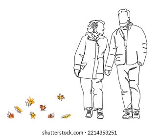 Romantic and elderly healthy lifestyle concept.Senior active caucasian couple holding hands looks happy in park in autumn forest,happy anniversary,happily retired married couple together line art .man