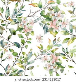 Romantic Elegance seamless flowers pattern with Watercolor cherry branch. Apple tree flowers. Vector illustration