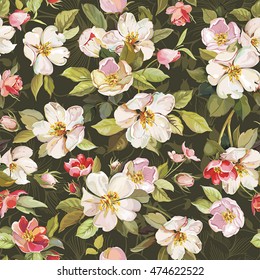 Romantic Elegance seamless flowers pattern with Watercolor cherry branch. Vintage vector illustration with leaves and flowers apple tree on black background, eps8