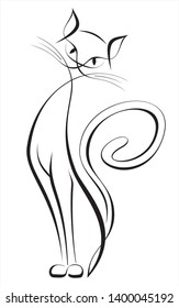 Romantic elegant creative line art-style cat sits and looks at something in front of it