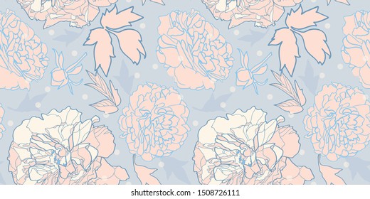 Romantic elegant festive peony botanical pattern, modern peony blossom in pastel tones. All over print. Perfect for wallpaper, stationary, event, wedding, fashion. Elegant florals.