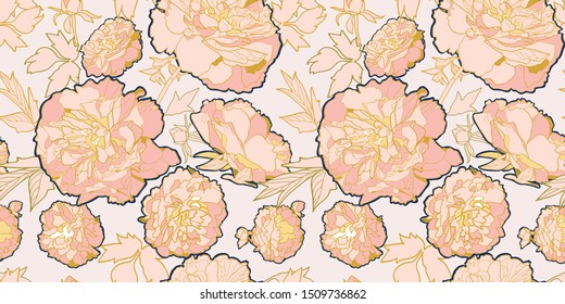 Romantic elegant festive peony botanical pattern, modern peony blossom in pastel tones. All over print 