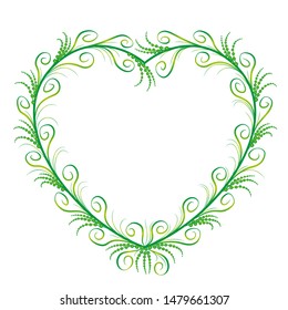Romantic, elegant green heart ornament with delicate, filigree, graceful and sylphlike flourishes. Isolated vector illustration on white background.
