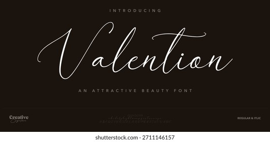 Valentión é uma fonte romântica e elegante manuscrita com traços macios e fluidos. Perfeito para projetos de casamento, convites, marca feminina e temas de tipografia romântica.