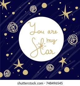 romantic elegant pattern with gold stars and circles on dark blue background