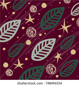 romantic elegant pattern with gold stars and leaves on dark red background