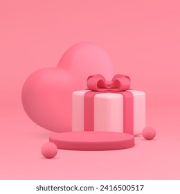 Romantic elegant pink 3d podium pedestal with heart and gift box realistic vector background. Feminine advertising showroom mock up for cosmetic product show presentation commercial stand