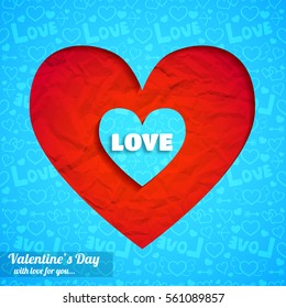 Romantic elegant template with cut hearts wrinkled paper and blue icons seamless pattern vector illustration
