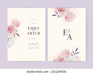 Romantic, elegant wedding invite, save the date card set. Floral watercolor style blush pink, white peony rose flowers, purple, golden leaves bouquet decoration. Editable, stylish, vector illustration