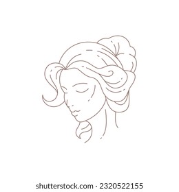 Mujer romántica y elegante con decoración de flor de estilo de moda elemento de decoración de línea mínima para ilustración vectorial de peluquería. Retrato femenino gentil icono de cabello camiseta impresión cosmetología cuidado de la piel