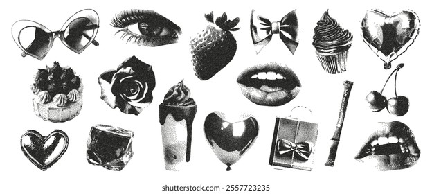 Romantic elements with a photocopy effect. Lips, eyes, heart, cupcake, bow, cherry. Vector illustration in grayscale grunge.