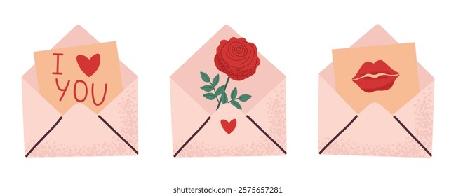 Romantic elements set. Envelopes with red heart, rose and kiss notification. Message in love concept. Vector illustration