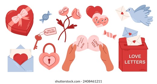 Romantic elements set for Valentines day. Cut vector illustrtion for stickers, greeting cards.