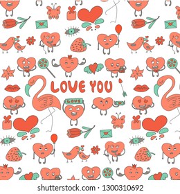 Romantic elements template for Valentine's day celebration: hearts, flamingos, flowers, gift, lips, kiss, love, birds, strawberries, sweetness, emotion splash, love message, in pink delicate shade