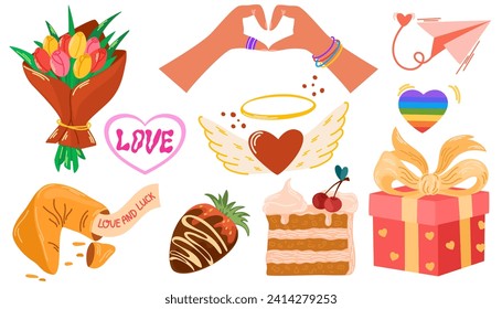 Elementos románticos para el día de San Valentín. Bouquet de tulipanes, galletas de la fortuna, regalo, langosta, llave, fresas en chocolate. Ilustraciones vectoriales