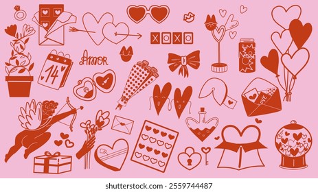 Romantic elements of Valentine's day in retro style. Outline illustration.