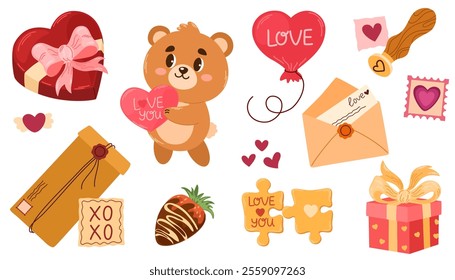 Romantic elements for Valentines day. Scrapbooking elements for valentines day heart, gift, chocolate box, teddy bear, mailbox and mail. Hand draw vector illustration isolated on white background