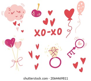 Romantic elements for Valentine's day. Sweets, lollipops, clouds, hearts, rings, balls and key. Vector illustrations for invitation, stickers, greeting cards, etc