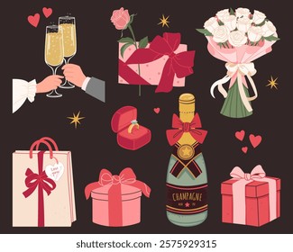 Romantic elements for Valentine's Day and wedding. Set Gifts with bow, champagne, glasses and hands, bouquet of roses, rings in a case, rose flower, bag gift. Vector flat illustration