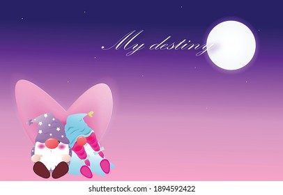 Romantic elf couple lover sleep under the moonlight and star on blue background. Love destiny, 