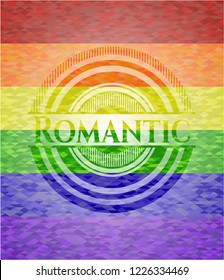 Romantic emblem on mosaic background with the colors of the LGBT flag