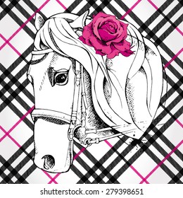 Romantic emblem of a white horse portrait with pink rose and checkered background. Vector illustration.