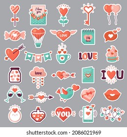 Romantic emblems. Love valentine day stickers flowers drinks envelope ribbons recent vector colored illustrations