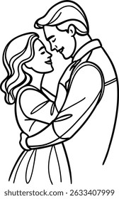 Romantic embrace of a loving couple in a minimalist black and white line art illustration