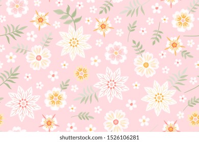 Romantic embroidered pattern. Tender embroidery of white flowers on pink background. Seamless design for fabric and textile.