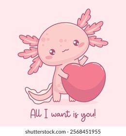 Romantic enamored Axolotl with heart. Little festive cartoon pink kawaii character. Vector illustration. Holiday cool postcard valentine