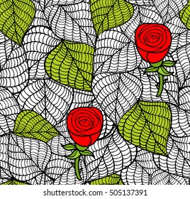 Romantic endless pattern with doodle leaves and flowers. Vector illustration of red roses.