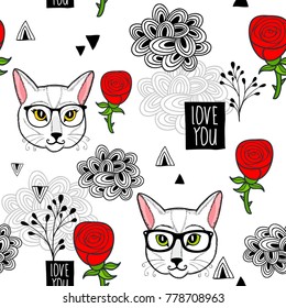 Romantic endless wallpaper with cats and roses. Vector seamless pattern.