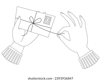 Romantic envelope black and white style. Hands opening romantic letter. Letter from a lover. Got a valentine. 