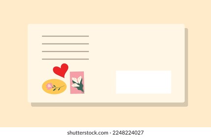 Romantic envelope concept. Love correspondence, letter with stamps. template, layout and mock up. Sticker for social networks. Communication and interaction. Cartoon flat vector illustration