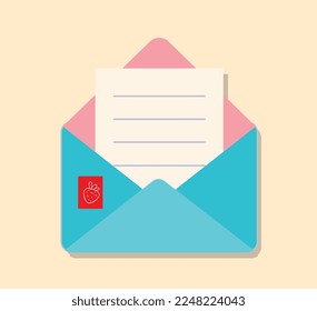 Romantic envelope concept. Notification and remote communication or interaction. Sticker for social networks and instant messengers. Template, layout and mockup. Cartoon flat vector illustration