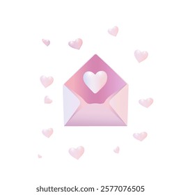 Romantic Envelope with Floating Hearts. Love Letter with Pink Heart Elements