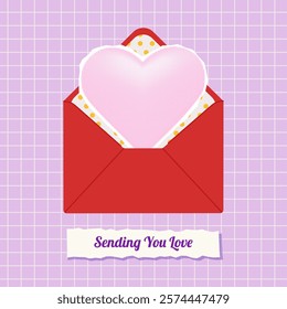 Romantic Envelope with Halftone Pink Heart on Grid Background. Collage style greeting card Valentine's Day, Love, romance, friendship themes design. Vector illustration