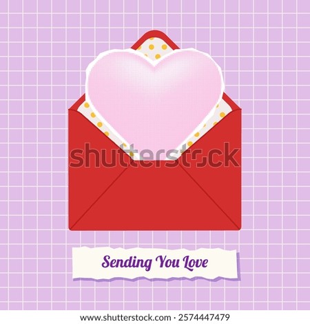 Romantic Envelope with Halftone Pink Heart on Grid Background. Collage style greeting card Valentine's Day, Love, romance, friendship themes design. Vector illustration