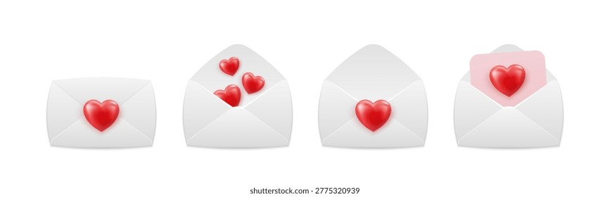 Romantic envelope icon set with hearts, symbol of love message, communication and Valentine’s day
