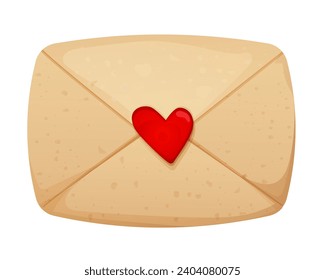 Romantic envelope, love letter parchment paper with heart in cartoon style isolated on white background. Valentines day holiday