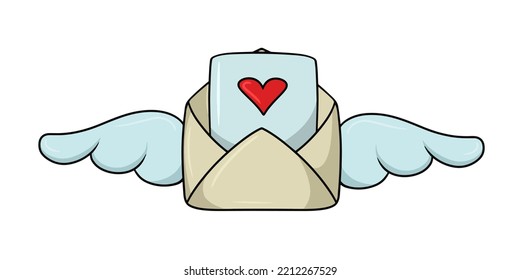 Romantic envelope with wings for a declaration of love, vector cartoon-style illustration on a white background