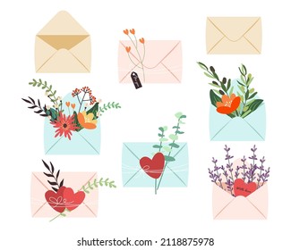 Romantic envelopes with plants and hearts set