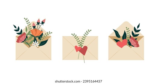 Romantic envelopes with plants and hearts set. Envelope with flowers. Flat design. Vector Illustration. 