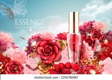 Romantic essence ads on paper flowers background in 3d illustration